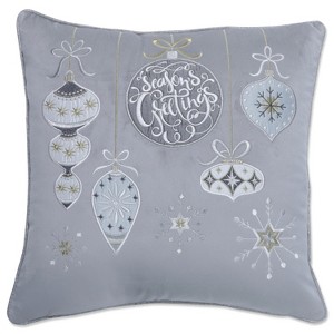 16.5"x16.5" Indoor Christmas 'Velvet Ornaments' Gray Square Throw Pillow - Pillow Perfect: Lux Embroidered Decor for Couch - 1 of 4