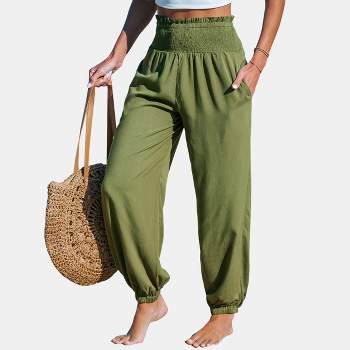 Women's Green Smocked Waist Tapered Leg Casual Pants - Cupshe