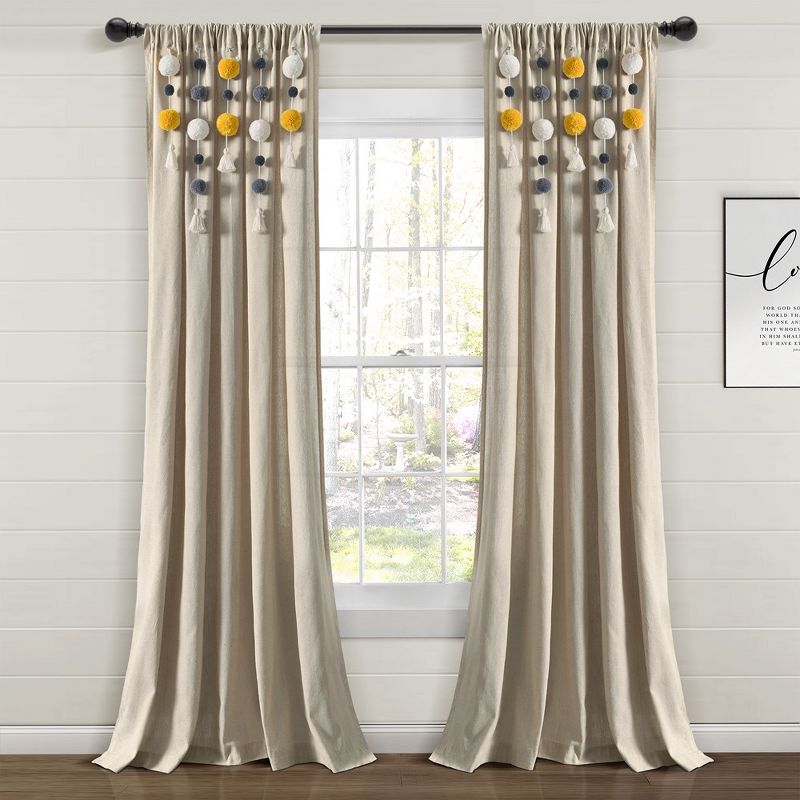 Boho Pom Pom Tassel Linen Window Curtain Panel Yellow/Gray Single 52X84, 1 of 7