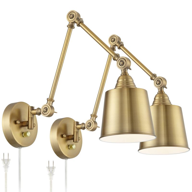 360 Lighting Mendes Modern Swing Arm Wall Lamps Set of 2 Brass Gold Plug-in Light Fixture Metal Shade for Bedroom Bedside Living Room Reading House, 1 of 11