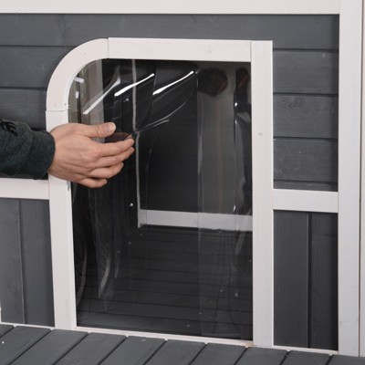 Elevated Large Wooden Dog House with Spacious Sun Deck, Gray