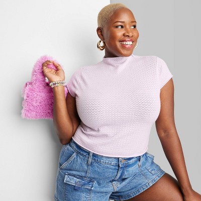 Women's Short Sleeve Mock Turtleneck Pointelle Pullover Sweater - Wild Fable™  Light Violet 3x : Target