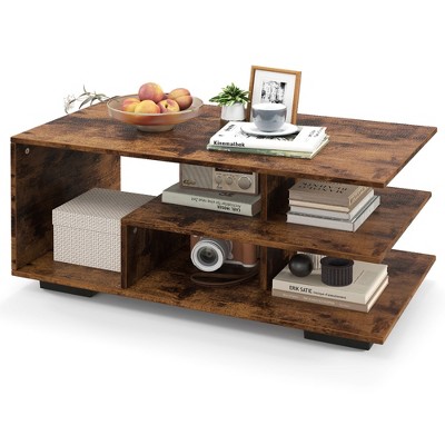 Tangkula Geometric Coffee Table w/ Storage Shelves 3-Tier Rectangular Tea Table