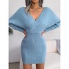 Sweater Dress for Women V Neck Batswing Sleeve Off Shoulder Surplice Dress Rib Texture Stretchy Knit Sweater Dress Elegant Bodycon Mini Dress - 3 of 4
