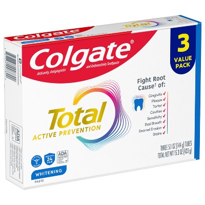 Colgate Total Whitening Fluoride Toothpaste - 5.1oz/3pk: Sugar-Free, Gluten-Free, Vegan, Mint Flavor