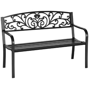 50" Outdoor Bench, Metal Garden Bench with Floral Pattern Backrest, Porch Bench with Slatted Seat for Park, Lawn - 1 of 4