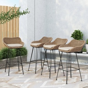 Christopher Knight Home Kevin Outdoor Wicker and Iron Barstools with Cushions (Set of 4) - 1 of 4