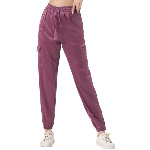 INSPIRE CHIC Women's Satin Drawstring Elastic High Waist Shiny Silky Cargo Pants - 1 of 4