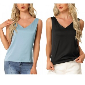 INSPIRE CHIC Women's 2 Pcs Tank Top Silky Satin Casual Basic V Neck Sleeveless Camisole - 1 of 4