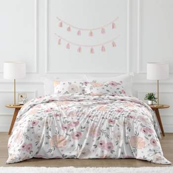 3pc Watercolor Floral Full/Queen Kids' Comforter Bedding Set Pink and Gray - Sweet Jojo Designs