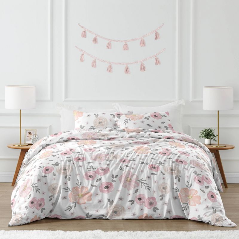 3pc Watercolor Floral Full/Queen Kids&#39; Comforter Bedding Set Pink and Gray - Sweet Jojo Designs, 1 of 11