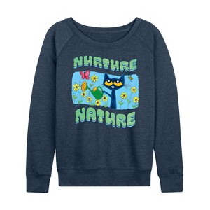 Women's - Pete the Cat - Nurture Nature Lightweight French Terry Wide Neck Long Sleeve Graphic Shirt - 1 of 4