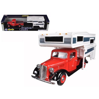 1937 Ford Pickup Truck with Camper Shell Red and White 1/24 Diecast Model Car by Motormax