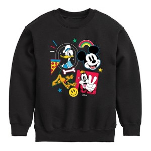 Boys' - Disney - Goofy Donald Mickey Pluto Stickers Graphic Long Sleeve Fleece Sweatshirt - 1 of 4