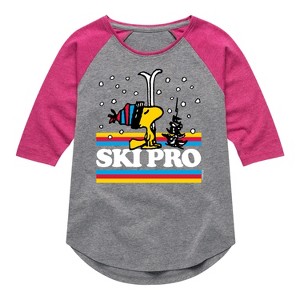 Girls' - Peanuts - Woodstock Ski Pro Shirt Tail Raglan Graphic T-shirt - 1 of 4