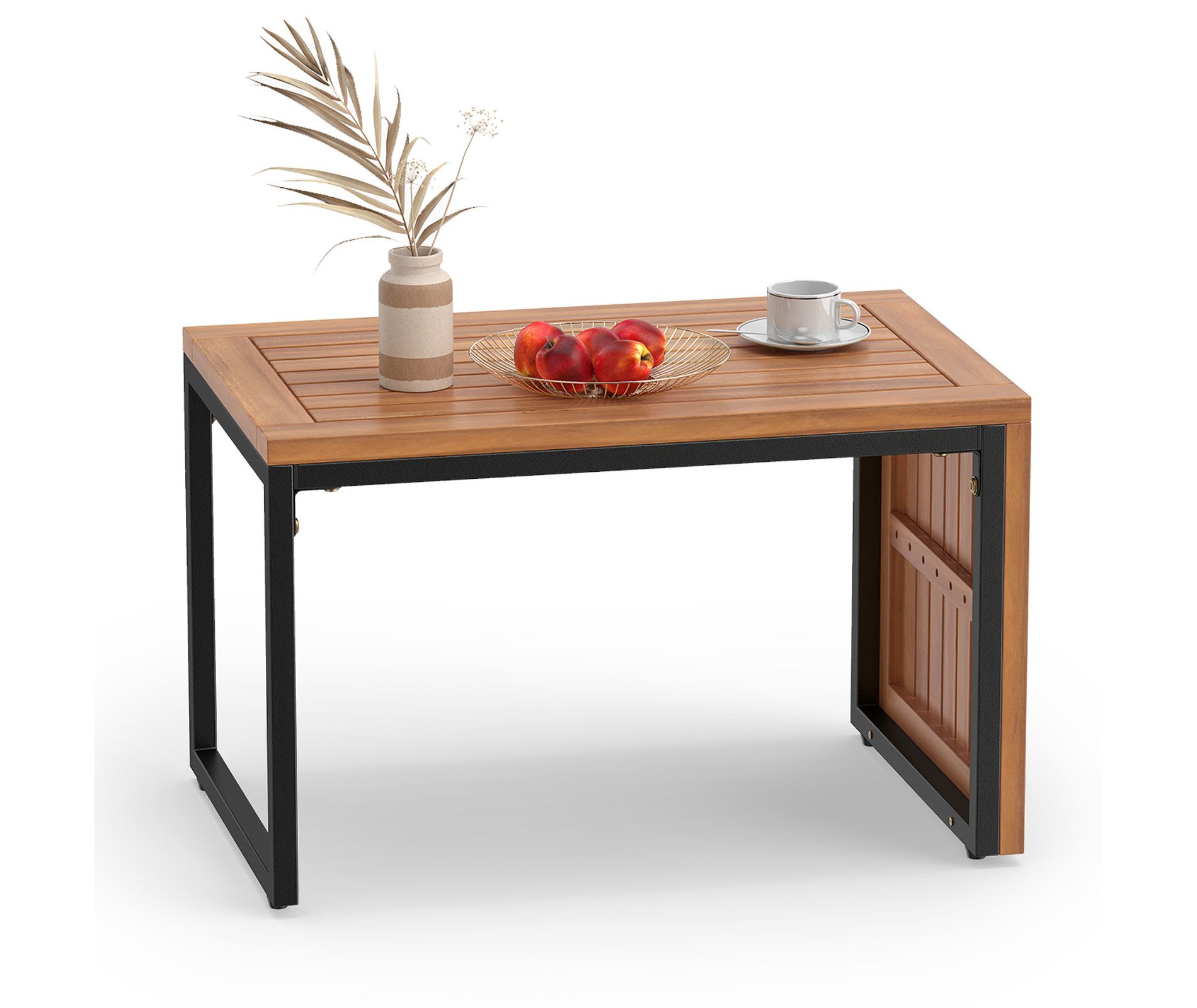 Costway 1 PCS Patio Acacia Wood Side Table with Slatted Tabletop, Metal Frame for Backyard