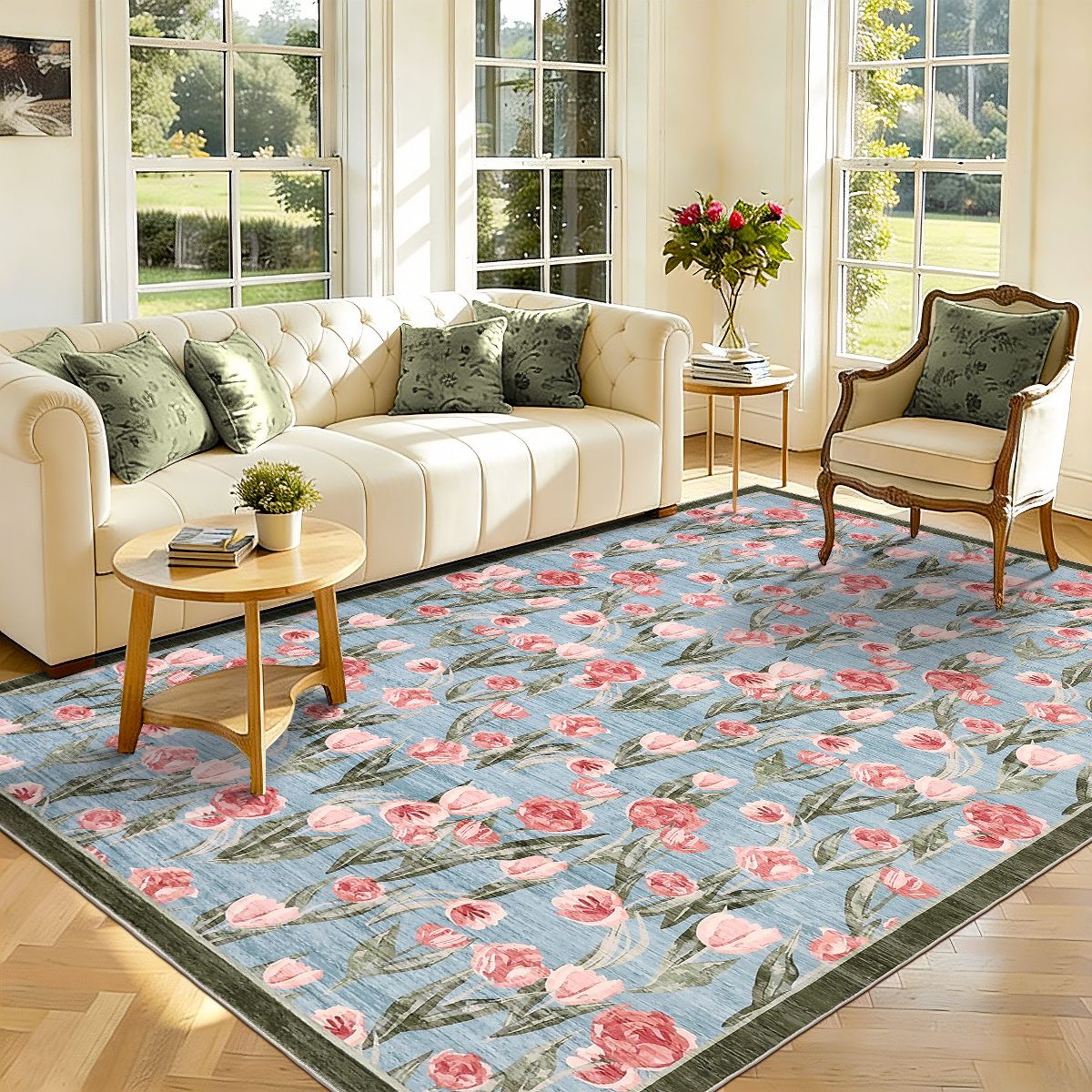 Garvee Tulip Area Rugs for Living Room, Non-Slip Low Pile Washable Carpet, Farmhouse Floral Accent Rug Home Decor - thumbnail 10