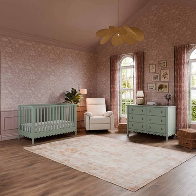 Light Sage Pine Wood Convertible Crib with Scallop Detailing