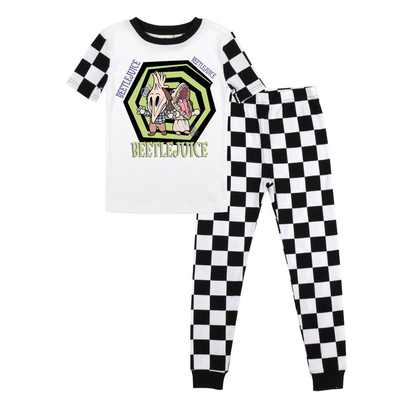 Beetlejuice Group Shot Youth Boy's Black & White Checkered Short Sleeve Shirt & Sleep Pants Set, 1 of 5