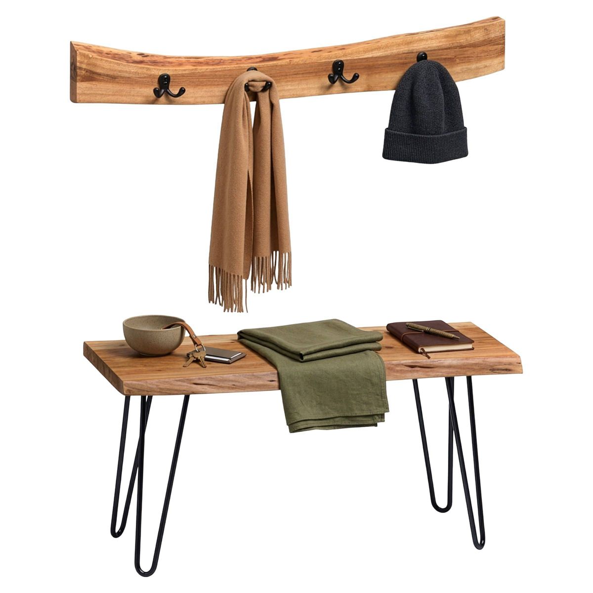 36" Hairpin Live Edge Wood Bench with Coat Hook Set Natural - Alaterre Furniture - thumbnail 10