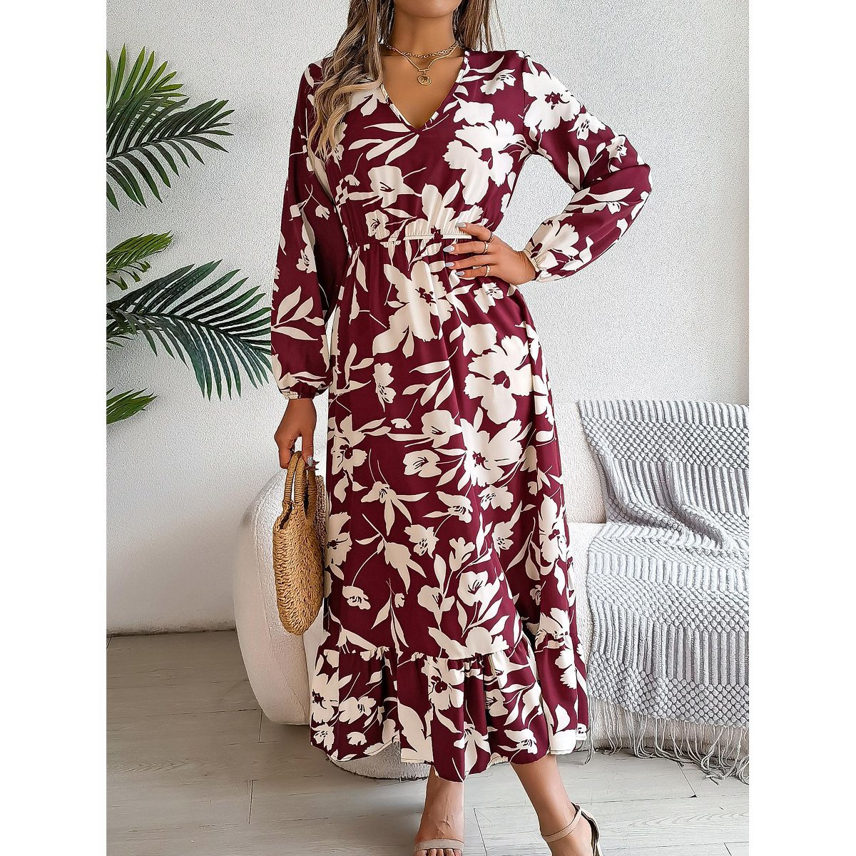 Женские платья YesFashion Women's Dresses Long Sleeve V Neck Ruffle Casual Floral Print Midi Dress,L,Wine Red — фото 5