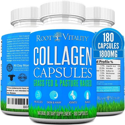 Root Vitality Collagen Powder Capsules, for Skin, Hair, Nails & Joints, Collagen Peptides, 180 Capsules.