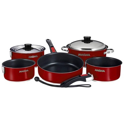 Magma Products 10 Piece Nonstick Enameled Stainless Steel Induction Cookware Set with 3 Saucepans, Stockpot, Skillet, 2 Lids, 2 Handles, Red