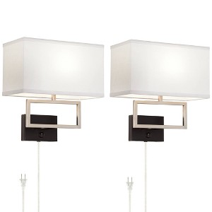Possini Euro Design Trixie Modern Wall Lamps Set of 2 Smart Sockets Brushed Nickel Plug-In 12" Fixture Rectangular Shades for Bedroom - 1 of 4