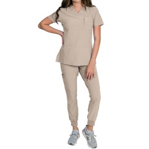 Medgear Fleur Women's Stretch Scrub Set with Zip Chest Pocket Top and Knit Rib Cuffs Jogger Pants, More Colors - 1 of 4