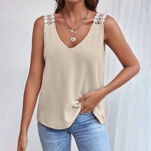 Knit Sleeveless Tank Top for Women V-Neck Lace Strap Casual Vest Summer T-Shirt - 1 of 3