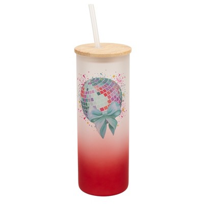 Elanze Designs 25 Ounce Frosted Glass Gradient Travel Tumbler With Straw and Wooden Lid, Disco Ball Red