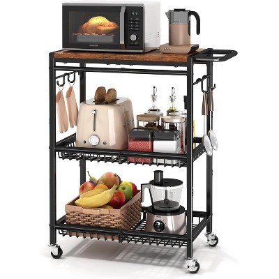 Microwave Kitchen Cart with Push Handle, 3 Tier Rolling Cart with 2 Lockable Wheels