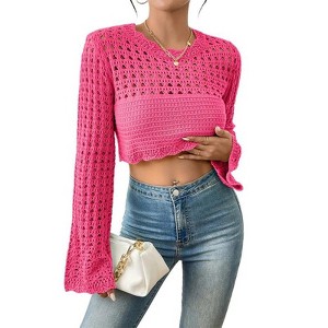 Coolmee Women's Crochet Crop Top Sexy Long Sleeve See Through Hollow Out Short Knitwear - 1 of 4