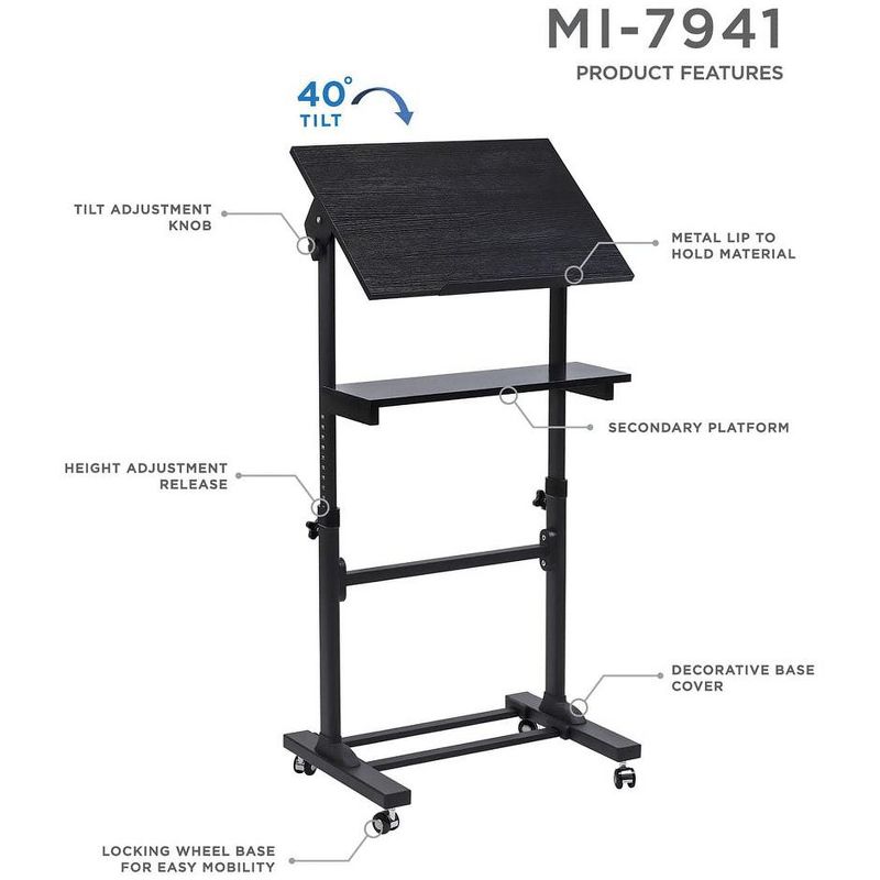 Mount-It! Mobile Stand Up Desk | Portable Podium and Presentation Lectern Height-Adjustable Multi-Purpose Standing Workstation | Black, 4 of 12