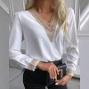 Women's Stylish Lace - Trimmed Solid Color Blouse with V - Neck and Three - Quarter Sleeves, Perfect for Any Occasion - 2 of 3
