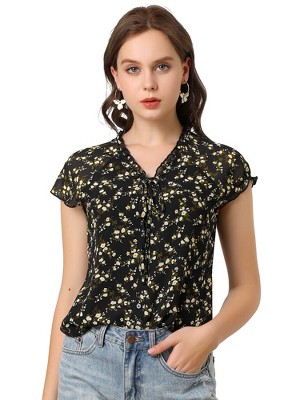 Allegra K Women's Summer Floral Chiffon Tie V Neck Ruffled Short Sleeve Shirt