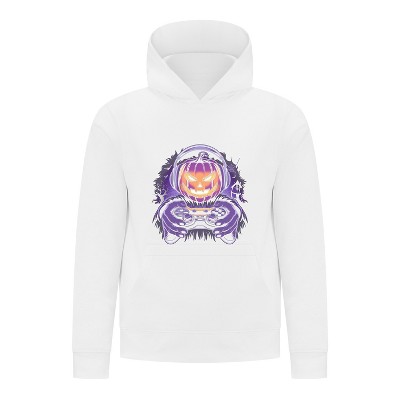 Everyday Kids Halloween Pullover Hoodie – Gamer Pumpkin with Headphones and Controller – Cozy Fall Sweatshirt for Boys, White