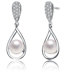 Guili Sterling Silver Drop Earrings with Freshwater Pearl and Cubic Zirconia in Rhodium or 14K Gold Plating for a Graceful, Chic, and Timeless Look - 1 of 4