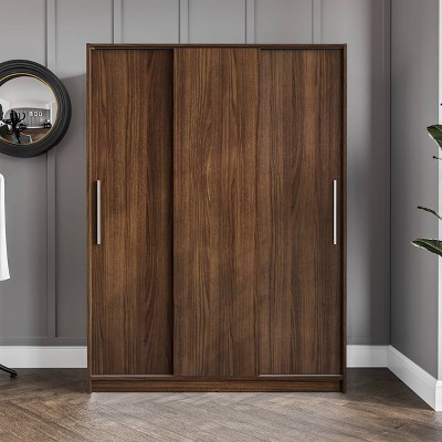 Polifurniture Denmark 3 Sliding Doors Clothing Armoire Dark Brown: Modern Wardrobe with Fixed Shelves & Hanging Rod