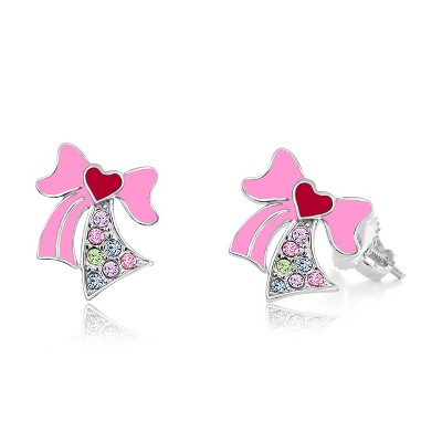 Chanteur Hypoallergenic Kids Jewelry Accessories Ribbon Heart CZ White Gold Palladium Plating Stud Earrings Surgical Titanium Posts