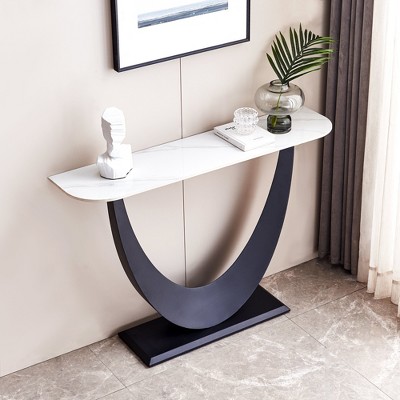 Modern Console Table with Adjustable Feet, Metal Frame & Exquisite Shape Design for Living Room/Office, Black