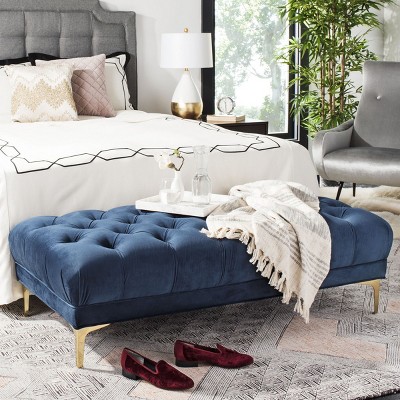 Transitional Navy Velvet Tufted Bench with Brass Legs