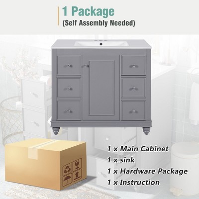 Mshliw 36 Inch Bathroom Vanity with Ceramic Sink, Freestanding Storage Cabinet with 4 Drawers and 1 Door, Solid Wood Frame, Adjustable Shelf