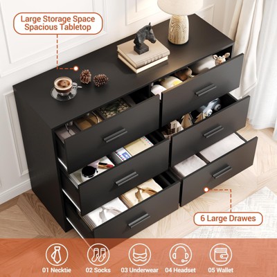 Modern drawer dresser with 6 drawers, solid structure, deep drawers, with anti-tip device, suitable for home, office, living room