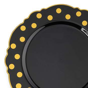 Smarty Had A Party 10.25" Black with Gold Dots Round Blossom Disposable Plastic Dinner Plates (120 Plates)