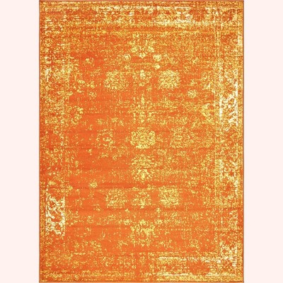 Orange Floral Motif Low Pile Area Rug