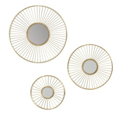 Brewster (Set of 3) Ariston Gold Wall Mirrors: Modern Sunburst Design, Metal Frame, No Assembly Required