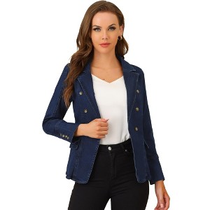 Allegra K Women's Regular Fit Casual Lapel Long Sleeve Denim Pockets Blazer - 1 of 4