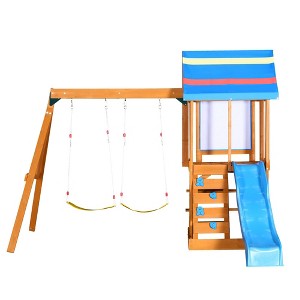 NAYSAYE Playground Slide Wooden Swing Set with Climber and Two Swings for Backyard Playground Fun, Blue, 94.5"*96.4"*132.28" - 1 of 4