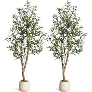 Artificial Olive Tree Indoor, Tall Faux Silk Potted Plant with White Planter, Natural Wood Trunk & Lifelike Olives for Home/Office Decor - 1 of 4